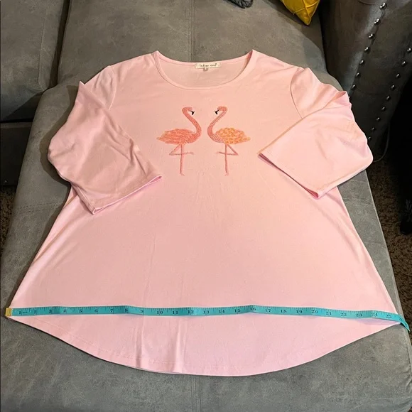 Indigo Soul pink beaded flamingo 3/4 length sleeve cotton shirt Large - Picture 7 of 14